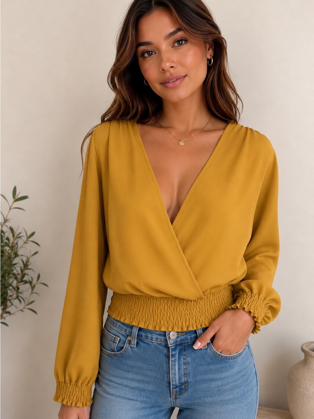 Wilfred Mustard Surplice Long-Sleeve Smocked-Waist Top